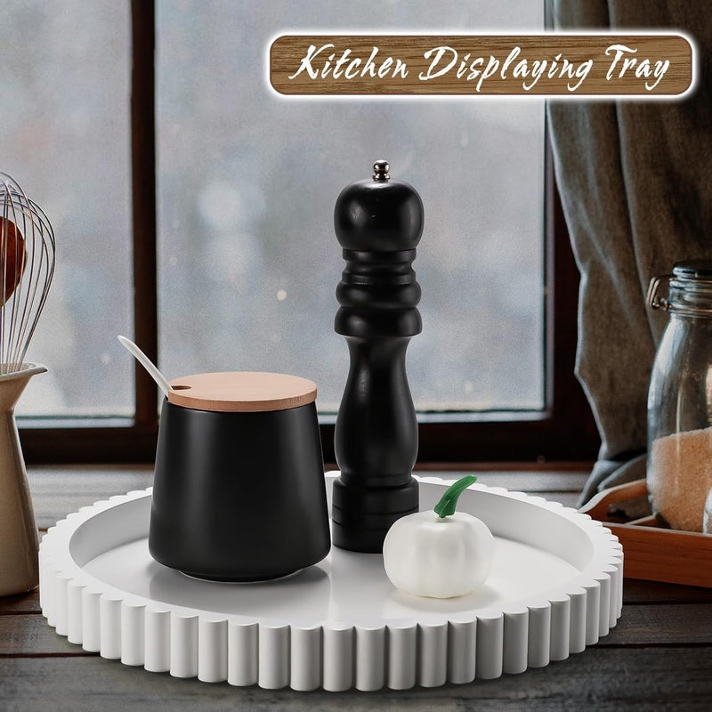 KULEDM Handmade 12in Decorative Tray for Coffee Table Tray Decor, White Wooden Decorative Round Tray for for Coffee Table, Dining Room Table Entryway and Living Room Table - Image 3
